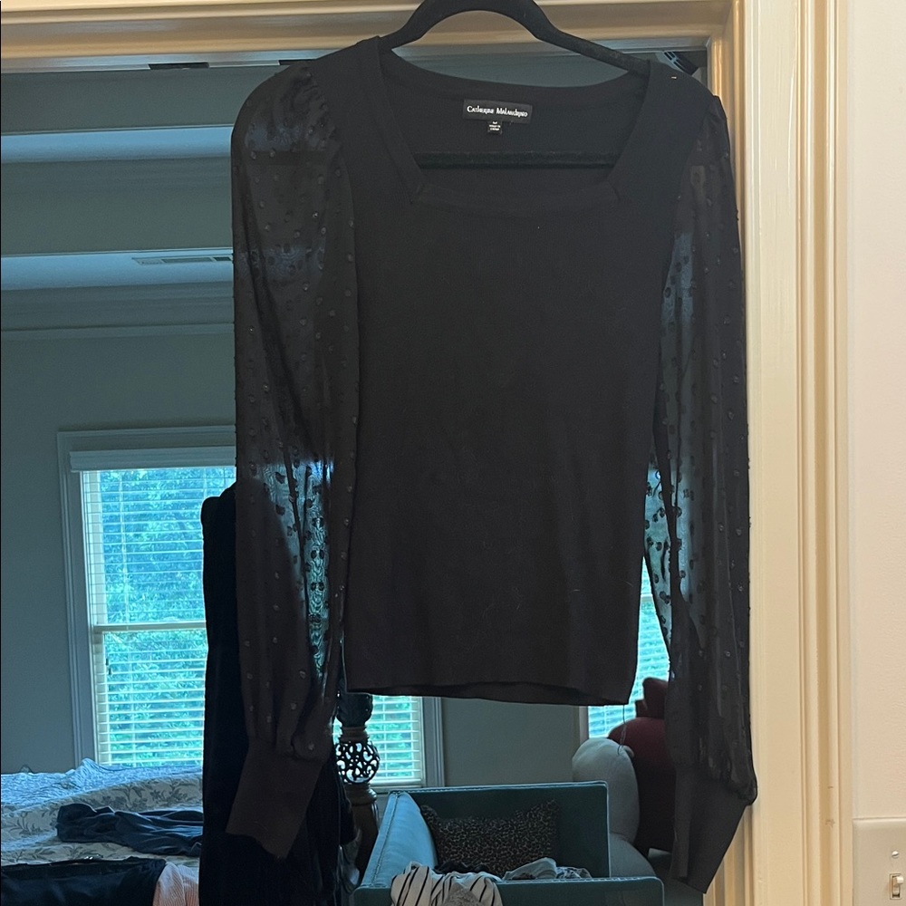 Chico's Elegant Black Blouse with Sheer Sleeves